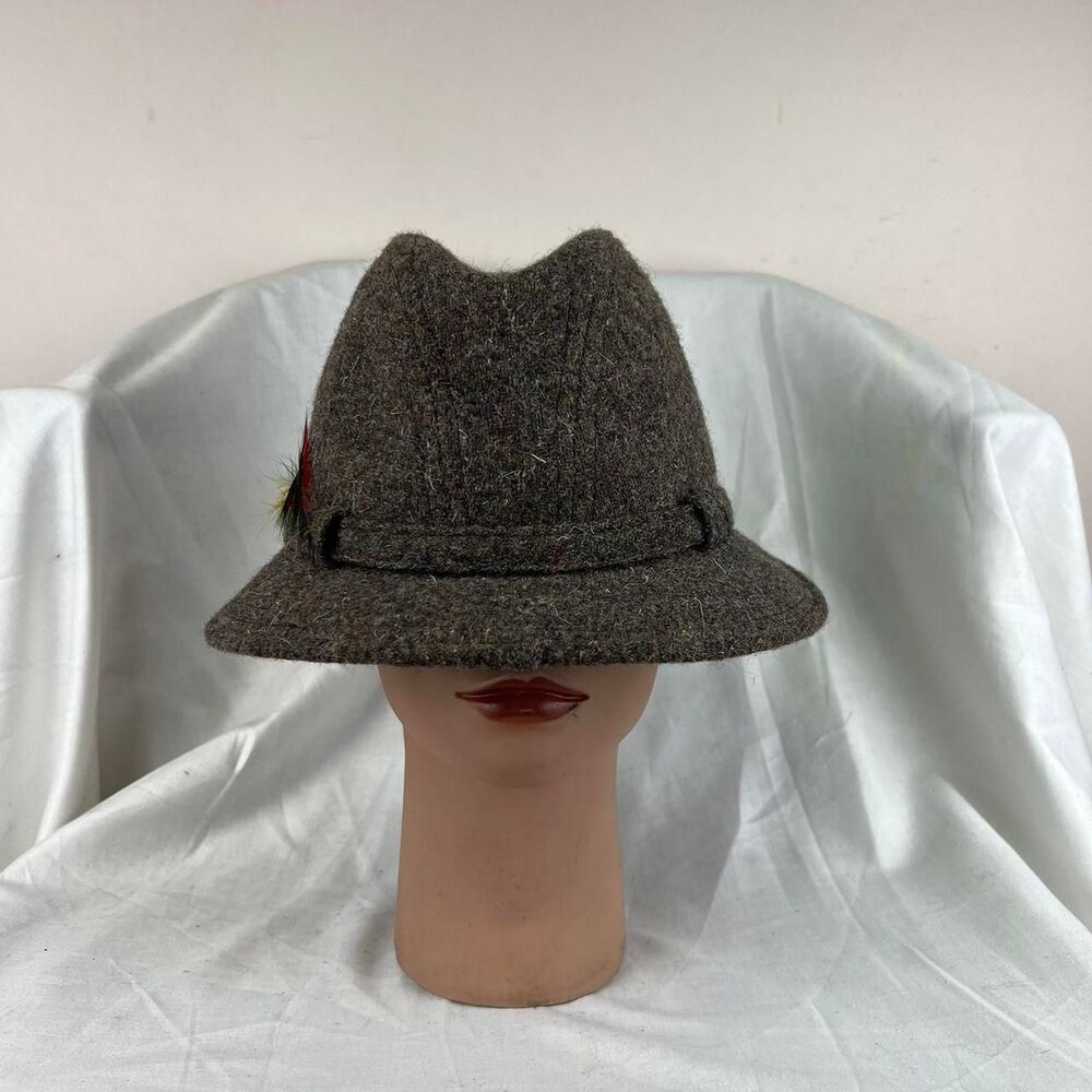 JCPenney Gray Wool Fedora Hat with Red & Yellow Feather Accent